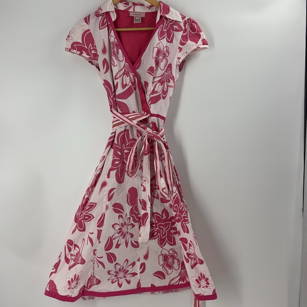 Lilypod  pink and white cotton blend spring summer faux wrap midi dress